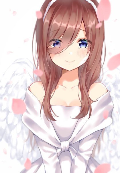 Anime picture 1430x2048 with go-toubun no hanayome nakano miku amedamacon single long hair tall image looking at viewer blush fringe blue eyes brown hair bare shoulders upper body hair over one eye tears white wings girl dress petals wings