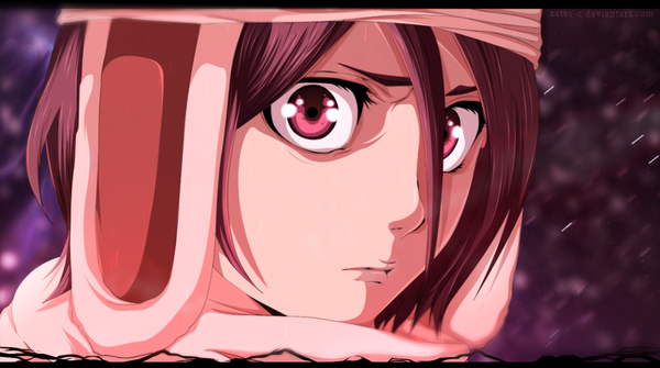 Anime-Bild 1200x671 mit bleach studio pierrot kuchiki rukia zetsu-c single short hair brown hair wide image pink eyes coloring snowing letterboxed close-up girl winter clothes earflapped fur hat