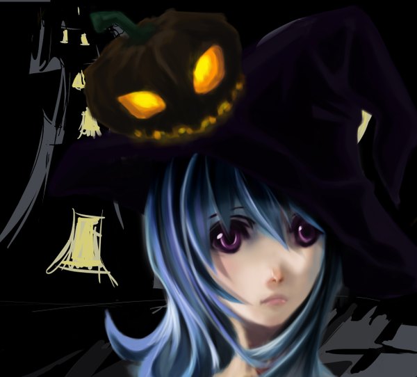 Anime picture 2480x2244 with original kalen.t (artist) single long hair highres purple eyes blue hair halloween girl building (buildings) witch hat vegetables jack-o'-lantern pumpkin