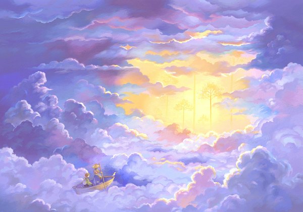 Anime picture 1000x703 with original akasioukan short hair brown hair standing sitting sky cloud (clouds) back light landscape abstract plant (plants) hat tree (trees) straw hat watercraft boat