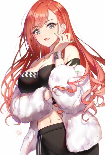 イラスト 2142x3171 と アイドルマスター アイドルマスターシャイニーカラーズ 有栖川夏葉 mairo (ilo) ソロ 長髪 長身像 カメラ目線 赤面 前髪 highres おっぱい 開いた口 simple background 笑顔 立つ 白背景 肩出し signed cleavage