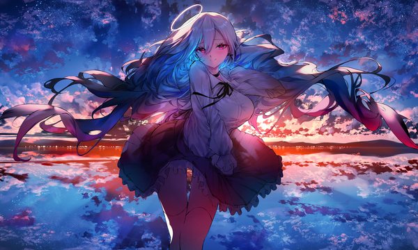 Anime picture 5000x3000 with original w (w64851564) single long hair looking at viewer fringe highres smile hair between eyes red eyes wide image absurdres silver hair cloud (clouds) outdoors multicolored hair wind evening reflection sunset