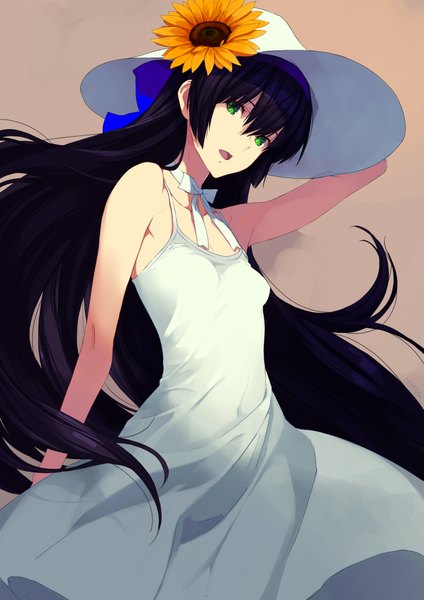 Anime picture 1447x2047 with original kagetomo midori single long hair tall image open mouth black hair bare shoulders green eyes girl hat sundress