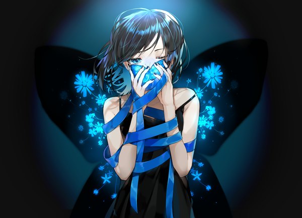 Anime picture 1517x1096 with original harumiya kori single looking at viewer fringe short hair blue eyes black hair simple background standing bare shoulders holding upper body nail polish one eye closed light dark background strap slip covered mouth insect wings