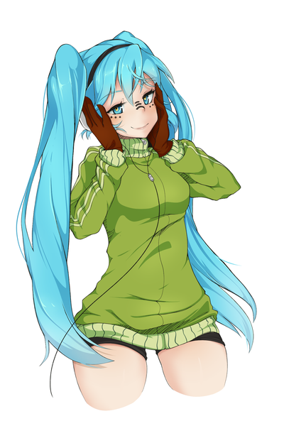 Anime picture 1280x1920 with vocaloid matryoshka (vocaloid) hatsune miku tiribrush single long hair tall image looking at viewer blush fringe simple background smile hair between eyes standing white background twintails long sleeves aqua eyes aqua hair thighs