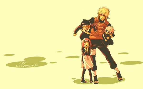 Anime picture 2560x1600 with naruto studio pierrot naruto (series) hatake kakashi uchiha obito namikaze minato nohara rin blush highres short hair black hair blonde hair smile wide image pink hair green hair hokage girl boy bandage (bandages)