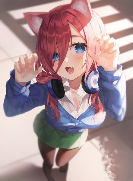 Anime picture 848x1154 with go-toubun no hanayome nakano miku hinaki (hinaki 0102) single long hair tall image looking at viewer blush fringe breasts open mouth blue eyes hair between eyes standing animal ears pink hair cleavage long sleeves head tilt pleated skirt