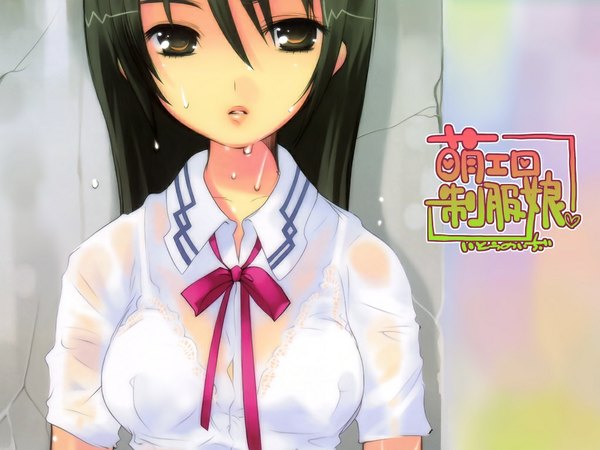 Anime picture 1024x768 with light erotic wet wet clothes wet shirt uniform school uniform lingerie bra white bra