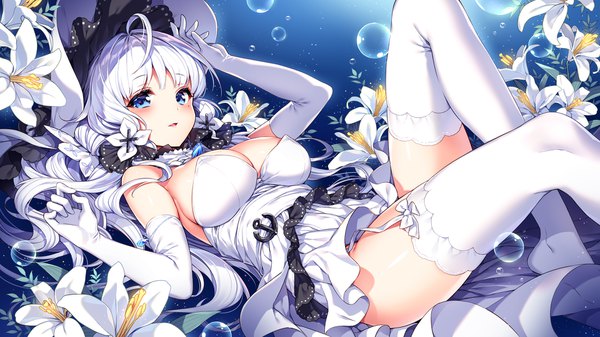 Anime picture 1920x1080 with azur lane illustrious (azur lane) nardack single long hair looking at viewer blush fringe highres breasts open mouth blue eyes light erotic smile wide image large breasts cleavage silver hair ahoge mole