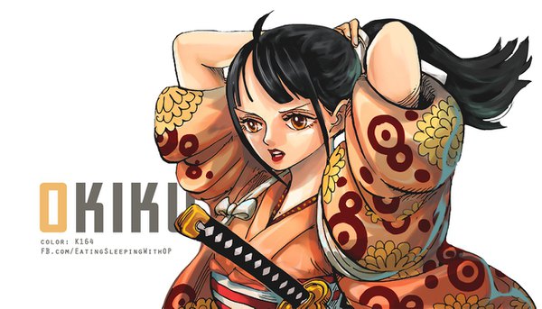 Anime picture 1300x745 with one piece toei animation kikunojo (one piece) okiku (one piece) k164 single long hair fringe open mouth black hair simple background wide image white background brown eyes payot looking away upper body ahoge ponytail traditional clothes