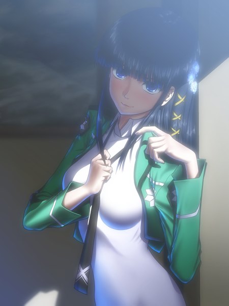 Anime picture 768x1024 with mahouka koukou no rettousei shiba miyuki owada ga toshi single long hair tall image looking at viewer blush fringe breasts blue eyes black hair smile standing payot indoors blunt bangs head tilt sunlight shaded face
