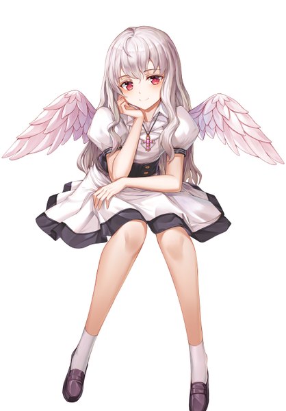 Anime picture 1000x1434 with original btraphen single long hair tall image blush fringe breasts simple background smile hair between eyes red eyes white background sitting silver hair full body pleated skirt short sleeves puffy sleeves angel wings