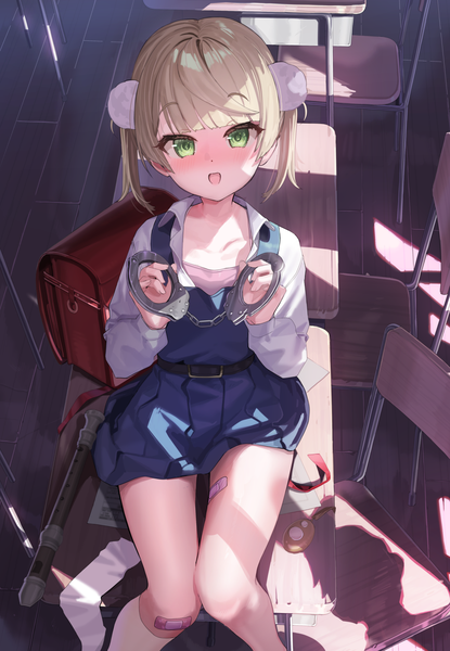 Anime picture 1146x1658 with virtual youtuber indie virtual youtuber shigure ui (vtuber) shigure ui (vtuber) (young) kanzarin (hoochikiss) single tall image looking at viewer blush fringe short hair open mouth blonde hair sitting twintails green eyes indoors blunt bangs from above loli