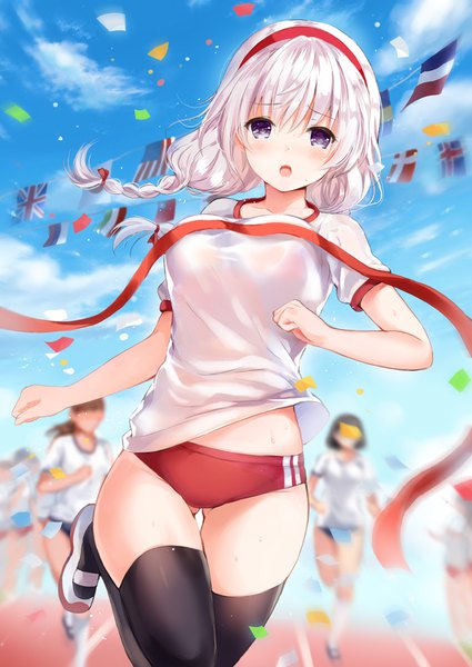 Anime picture 709x1002 with original yuuri (mafuyu) mafuyu long hair tall image looking at viewer blush fringe breasts open mouth light erotic purple eyes multiple girls sky silver hair cloud (clouds) outdoors braid (braids) wind :o