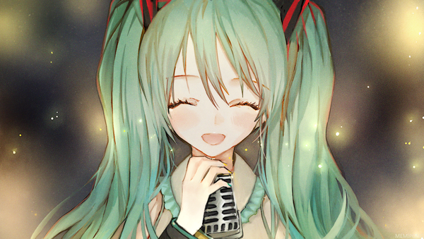 Anime picture 992x562 with vocaloid hatsune miku memipong single long hair blush fringe open mouth hair between eyes wide image twintails eyes closed aqua hair portrait happy ^ ^ girl microphone