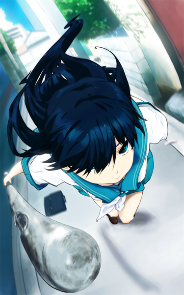 Anime picture 625x1000 with denpa teki na kanojo ochibana ame iku ki single long hair tall image looking at viewer fringe blue eyes holding blue hair outdoors from above blurry hair over one eye short sleeves floating hair serious running foreshortening
