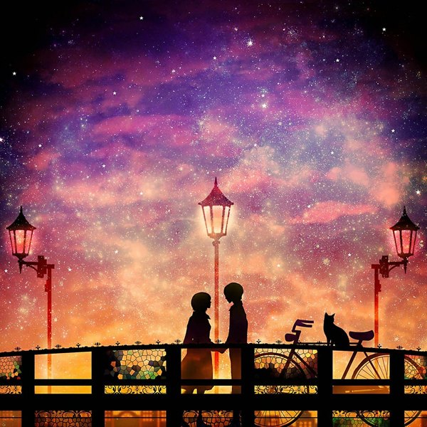 Anime picture 1000x1000 with original harada miyuki short hair sky couple holding hands silhouette girl boy animal star (stars) cat ground vehicle lamp fence lamppost bicycle