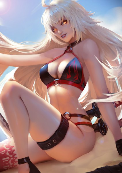 Anime picture 2828x4000 with fate (series) fate/grand order jeanne d'arc (fate) (all) jeanne d'arc alter (fate) jeanne d'arc alter (swimsuit berserker) (fate) raikoart single long hair tall image looking at viewer fringe highres breasts light erotic smile large breasts sitting bare shoulders yellow eyes payot
