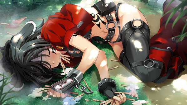 Anime picture 1024x576 with taiyou no promia taiyou no promia flowering days giselle geraldine short hair light erotic black hair wide image game cg lying eyes closed tattoo girl thighhighs navel black thighhighs food sweets fingerless gloves ice cream