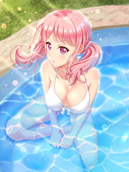 Anime picture 2700x3600 with bang dream! maruyama aya yohane yoshiko single long hair tall image blush fringe highres breasts light erotic large breasts sitting twintails payot looking away pink hair full body ahoge outdoors
