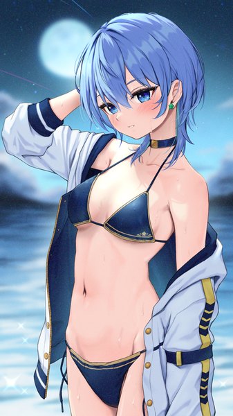 Anime picture 1080x1920 with virtual youtuber hololive hoshimachi suisei hoshimachi suisei (school uniform) bowsan single tall image blush fringe short hair breasts blue eyes light erotic hair between eyes blue hair looking away sky off shoulder night open jacket