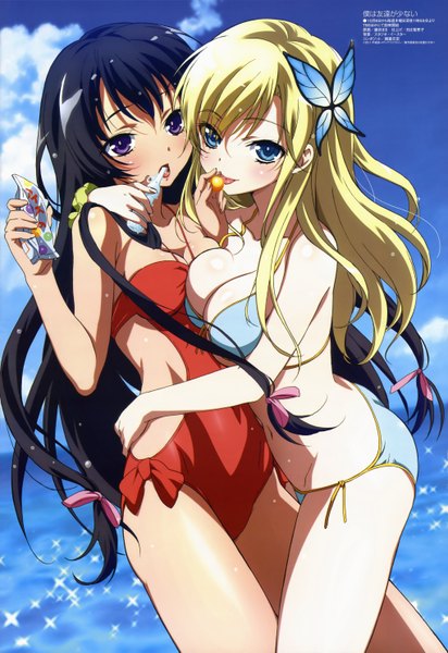 Anime picture 4077x5929 with boku wa tomodachi ga sukunai megami magazine kashiwazaki sena mikazuki yozora fujii maki long hair tall image highres blue eyes light erotic black hair blonde hair purple eyes multiple girls absurdres scan official art hug girl hair ornament