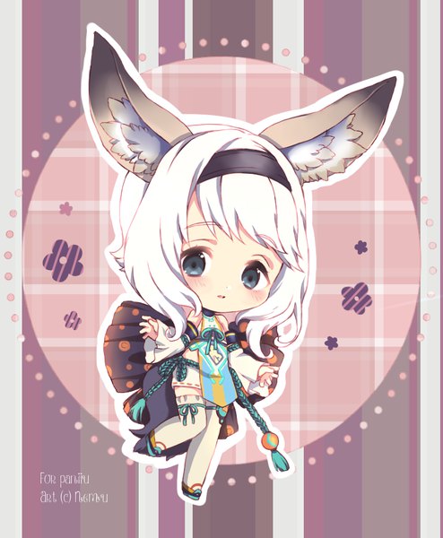 Anime picture 805x978 with original nemurou single tall image looking at viewer blush short hair signed animal ears full body white hair traditional clothes parted lips japanese clothes inscription grey eyes spread arms chibi leg lift (legs lift) plaid