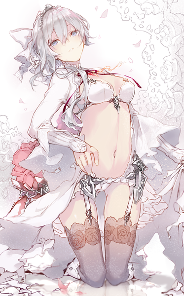 Anime picture 700x1124 with sinoalice snow white (sinoalice) fukuda935 single long hair tall image looking at viewer fringe breasts light erotic hair between eyes white background cleavage silver hair full body parted lips grey eyes kneeling asymmetrical hair girl