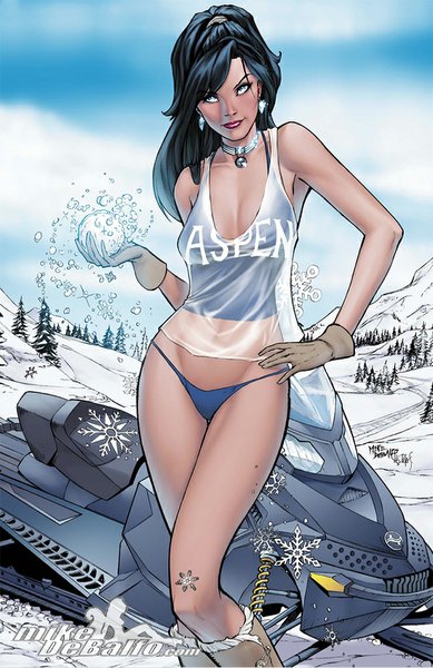 Anime picture 648x1000 with squirrelshaver single long hair tall image looking at viewer blue eyes light erotic black hair lips bare belly legs hand on hip winter girl gloves underwear panties earrings