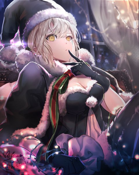 Anime picture 1632x2048 with fate (series) fate/grand order artoria pendragon (all) santa alter hirose (10011) single tall image looking at viewer blush fringe short hair breasts blonde hair hair between eyes sitting signed yellow eyes payot cleavage indoors