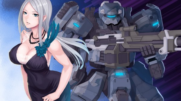 Anime picture 1600x900 with border break (game) damegane long hair looking at viewer breasts blue eyes simple background wide image large breasts grey hair glowing girl flower (flowers) weapon earrings gun beads lace mecha