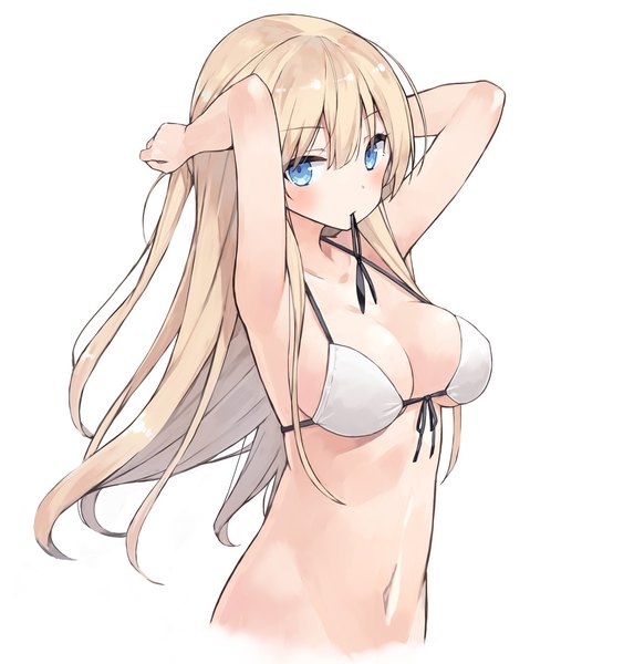Anime picture 1000x1048 with original poco (asahi age) single long hair tall image looking at viewer blush fringe breasts blue eyes light erotic simple background blonde hair hair between eyes large breasts white background holding cleavage arms up bare belly