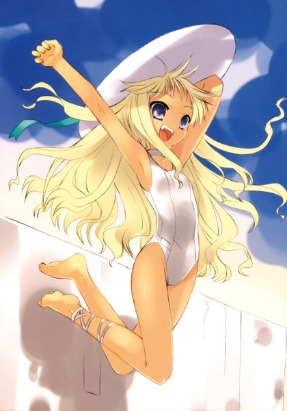 Anime picture 1050x1500 with itou noiji long hair tall image blue eyes blonde hair girl hat white school swimsuit