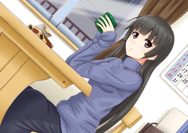 Anime picture 1272x900 with original sano souichi single long hair looking at viewer black hair sitting brown eyes girl window sweater