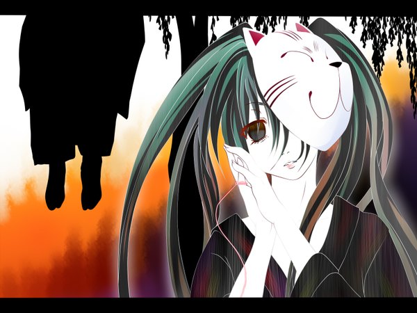 Anime picture 1600x1200 with vocaloid hatsune miku poker-face-008 long hair twintails green eyes green hair letterboxed pale skin mask on head girl plant (plants) tree (trees) mask thread fox mask red thread corpse