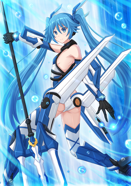 Anime picture 945x1336 with ore twintail ni narimasu production ims tail blue kazenokaze single long hair tall image looking at viewer blue eyes light erotic twintails blue hair ass flying mecha musume girl gloves hair ornament bubble (bubbles) trident