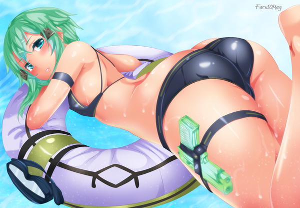 Anime picture 2308x1600 with sword art online a-1 pictures asada shino hinasaki you facu10mag single long hair blush highres light erotic ass looking back aqua eyes green hair wet coloring girl swimsuit bikini water