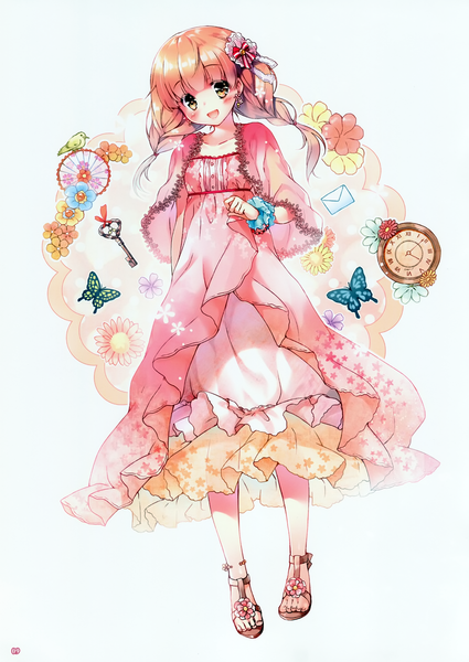 Anime picture 2120x2995 with miwabe sakura single long hair tall image blush highres open mouth brown hair white background brown eyes scan girl dress flower (flowers) animal bird (birds) insect butterfly