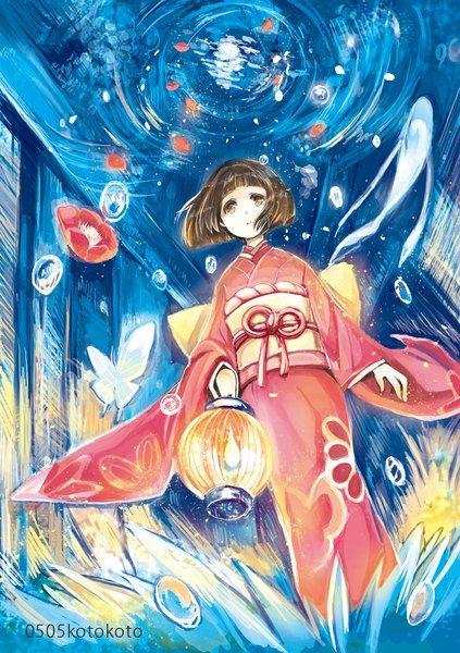 Anime picture 800x1135 with original koto2 single tall image looking at viewer fringe short hair open mouth brown hair signed traditional clothes japanese clothes :o from below girl flower (flowers) water kimono insect butterfly