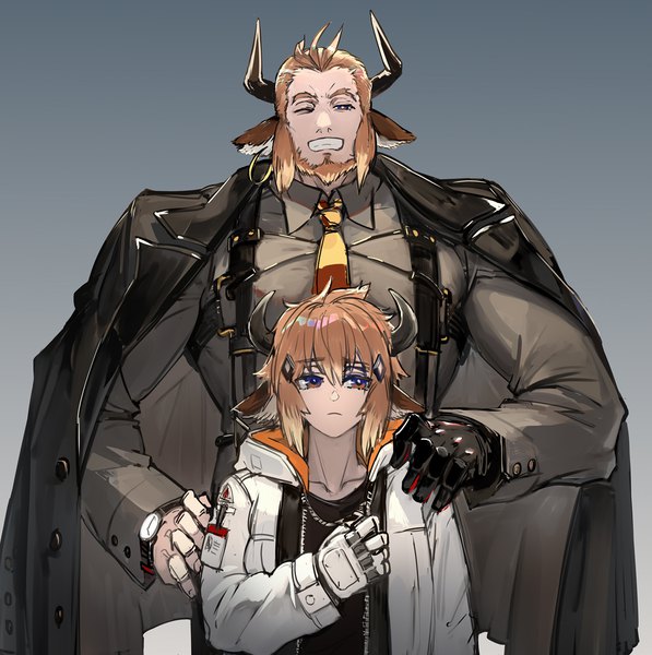 Anime picture 1044x1050 with arknights bison (arknights) eurill pides (arknights) ryuuzaki ichi tall image fringe short hair simple background blonde hair smile hair between eyes brown eyes animal ears one eye closed horn (horns) grey background open jacket multiple boys grin clothes on shoulders