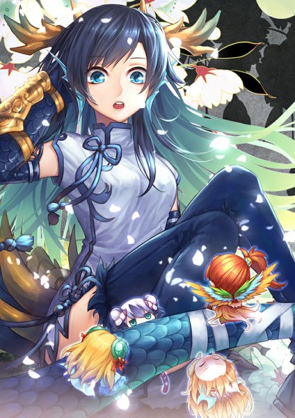 Anime picture 800x1131 with puzzle & dragons haku (p&d) karin (p&d) leilan (p&d) sakuya (p&d) meimei (p&d) curry bowl long hair tall image fringe short hair open mouth blue eyes blonde hair brown hair sitting multiple girls green eyes blue hair purple hair