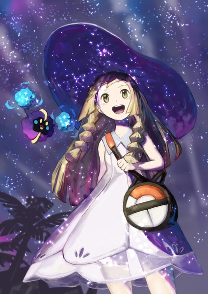 Anime picture 1240x1754 with pokemon pokemon sm nintendo lillie (pokemon) cosmog nemoto yuuma single long hair tall image open mouth blonde hair bare shoulders green eyes payot braid (braids) :d night twin braids looking up gen 7 pokemon