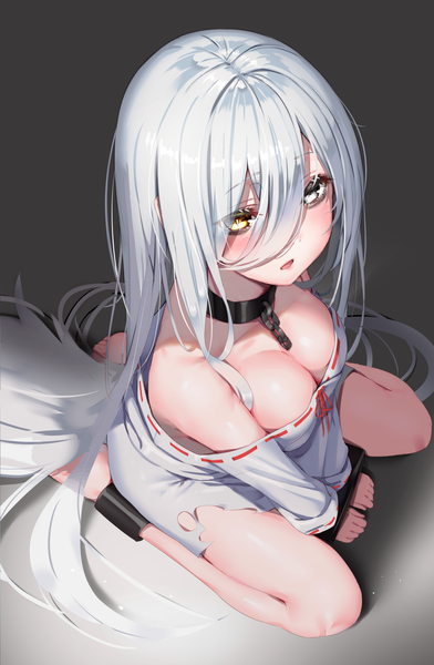 Anime picture 981x1500 with original reinama single tall image looking at viewer blush fringe breasts open mouth light erotic simple background hair between eyes large breasts sitting yellow eyes cleavage silver hair full body very long hair traditional clothes