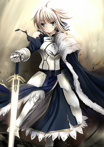 Anime picture 800x1131 with fate (series) fate/stay night type-moon artoria pendragon (all) saber xephonia single tall image blush short hair blonde hair green eyes sunlight torn clothes girl weapon sword armor fur armored dress