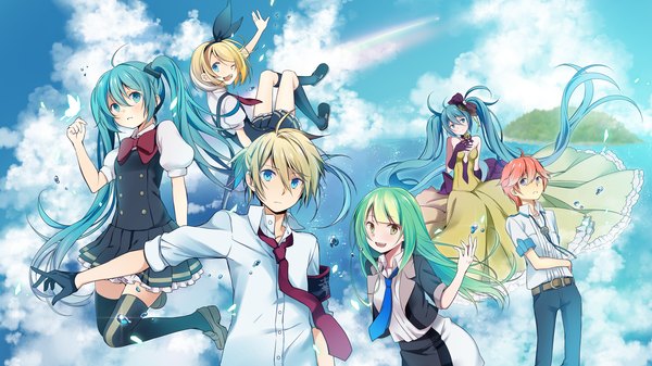 Anime picture 1920x1080 with vocaloid hatsune miku kagamine rin kagamine len wogura long hair highres short hair open mouth blue eyes blonde hair wide image twintails multiple girls pink hair cloud (clouds) very long hair one eye closed green hair wink