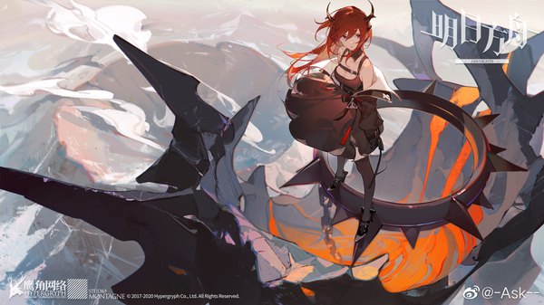 Anime picture 1920x1080 with arknights surtr (arknights) ask (askzy) single long hair looking at viewer fringe highres breasts hair between eyes wide image standing purple eyes bare shoulders signed cleavage full body outdoors red hair horn (horns)