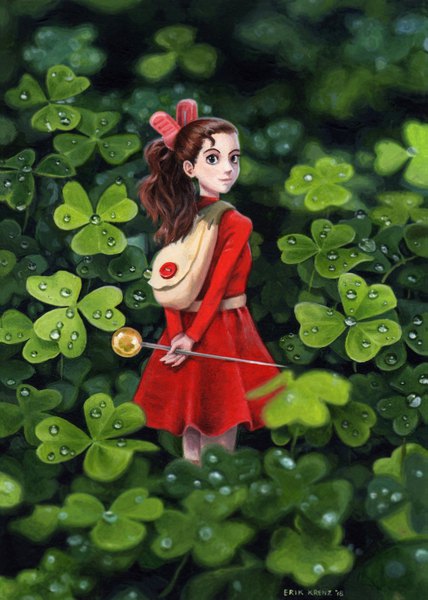 Anime picture 1462x2048 with the borrower arrietty studio ghibli arrietty erik krenz single long hair tall image looking at viewer brown hair signed ponytail looking back light smile black eyes depth of field minigirl girl dress water drop red dress