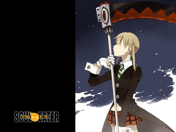 Anime picture 1600x1200 with soul eater studio bones maka albarn soul eater evans niwa single long hair fringe short hair blonde hair standing twintails holding eyes closed profile pleated skirt copyright name plaid skirt girl skirt