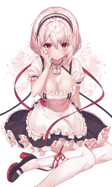 Anime picture 1500x2490 with azur lane sirius (azur lane) kinty single tall image looking at viewer blush fringe short hair breasts light erotic simple background hair between eyes red eyes large breasts sitting cleavage silver hair from above maid