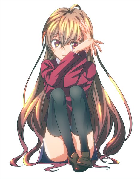 Anime picture 626x800 with toradora j.c. staff aisaka taiga brues single tall image looking at viewer fringe light erotic simple background hair between eyes brown hair white background sitting brown eyes payot full body ahoge bent knee (knees) very long hair